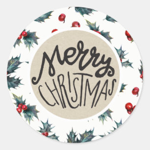 Sticker Rond Élégante Baie de Houx Faveur de Noël Rustique des 