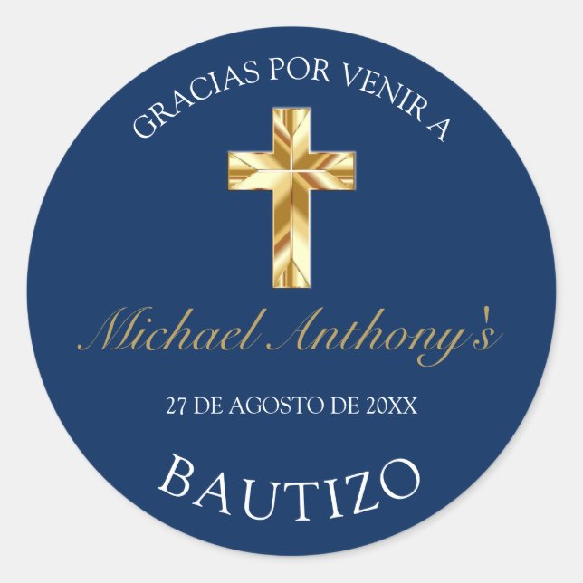 Sticker Rond Elegante Bautismo de Bebé Azul Dorado Gracias (Devant)