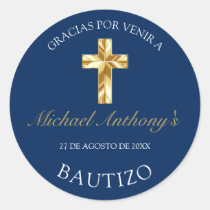 Sticker Rond Elegante Bautismo de Bebé Azul Dorado Gracias