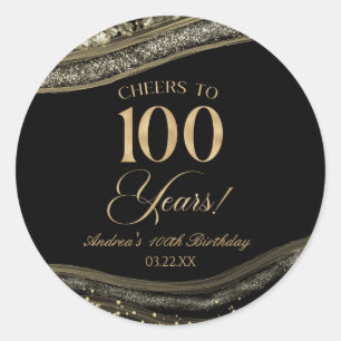 Sticker Rond Elégante Black Gold Agate 100e fête d'anniversaire