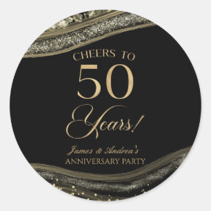 Sticker Rond Élégante Black Gold Agate 50e Anniversaire Party