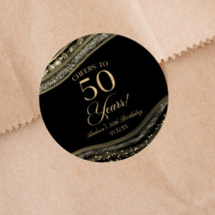Sticker Rond Elégante Black Gold Agate 50e fête d'anniversaire
