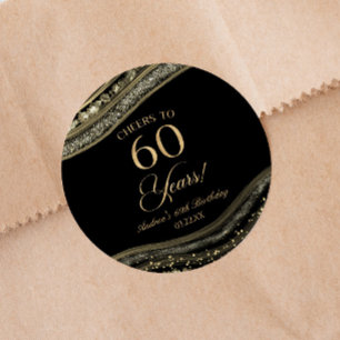 Sticker Rond Elégante Black Gold Agate 60e fête d'anniversaire