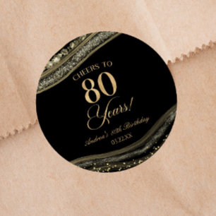 Sticker Rond Elégante Black Gold Agate 80e fête d'anniversaire