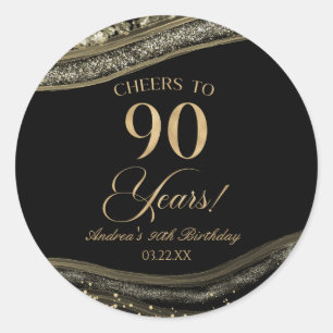 Sticker Rond Elégante Black Gold Agate 90e fête d'anniversaire