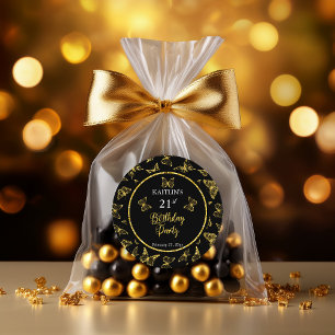 Sticker Rond Elégante Black Gold Butterflies 21e fête d'anniver