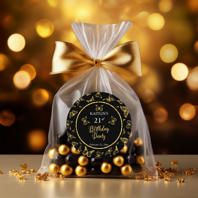 Sticker Rond Elégante Black Gold Butterflies 21e fête d'anniver (Elegant Black and Faux Gold Glitter Butterflies 21st Birthday Party Classic Round Stickers)
