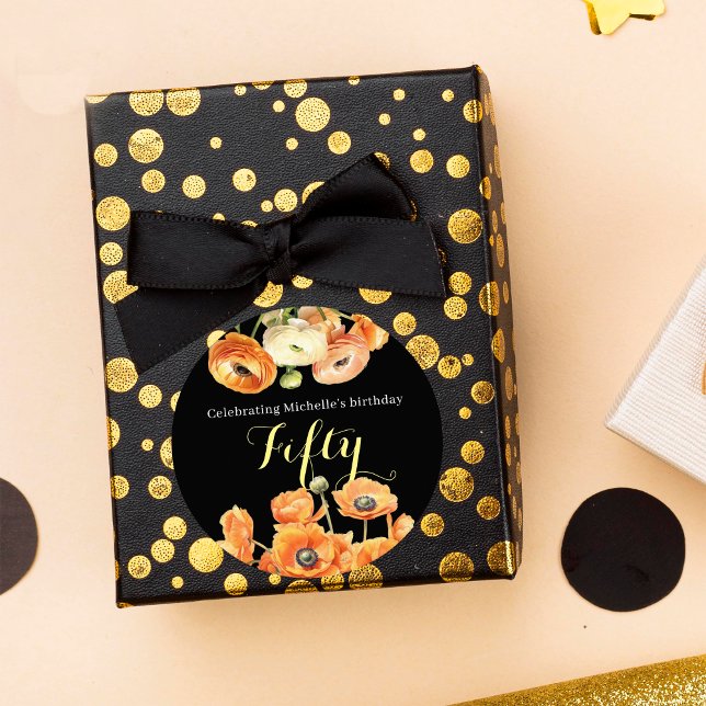 Sticker Rond Élégante Black Orange Floral 50e fête d'anniversai (Créateur téléchargé)