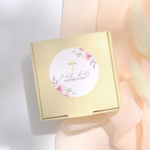 Sticker Rond Élégante calligraphie Florale Première Sainte Comm