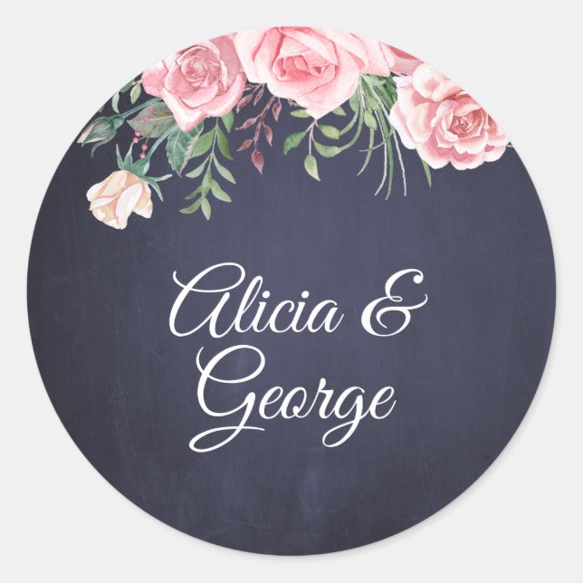 Sticker Rond Elégante calligraphie marine flush mariage floral (Devant)