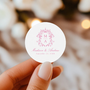 Sticker Rond Élégante Chinoiserie rose Crest Monogram Mariage
