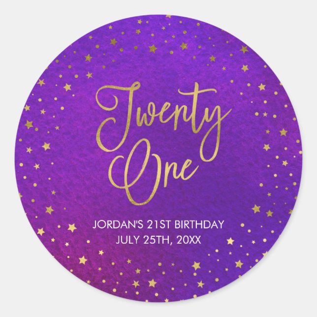 Sticker Rond Elégante couleur pourpre étoilée 21e anniversaire (Devant)
