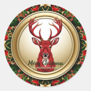 Sticker Rond Élégante couronne de cerf rouge Holly Berries Gold