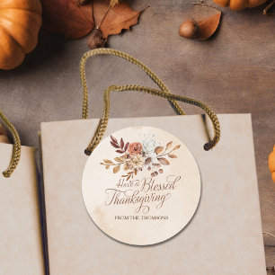 Sticker Rond Elégante Crème Brown Rustique Floral Thanksgiving