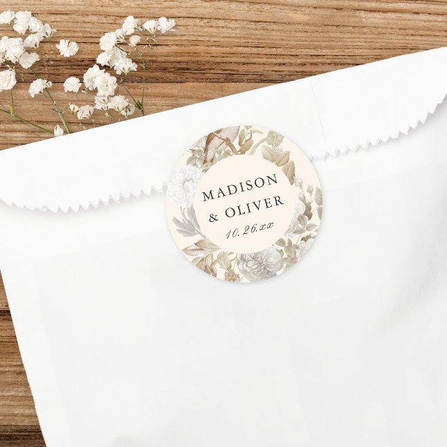 Sticker Rond Elégante Crème Florale Terme Mariage Faveur (Créateur téléchargé)