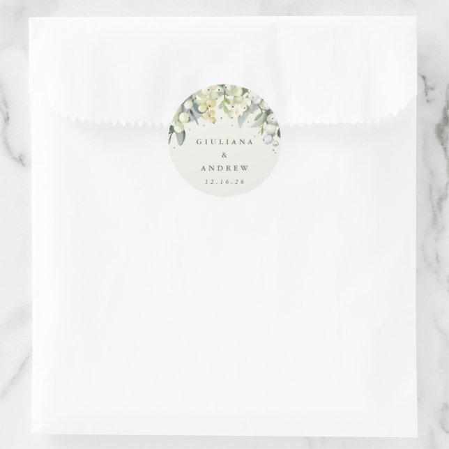 Sticker Rond Elégante crème Snowberry+Eucalyptus Mariage (Sac)