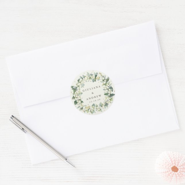 Sticker Rond Elégante crème Snowberry+Eucalyptus Wreath Mariage (Enveloppe)