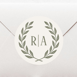Sticker Rond Elégante crème verte de couronne Mariage Monogramm