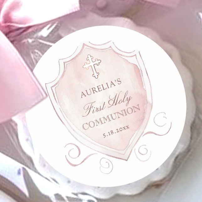 Sticker Rond Élégante crête rose d'aquarelle première communion (Créateur téléchargé)
