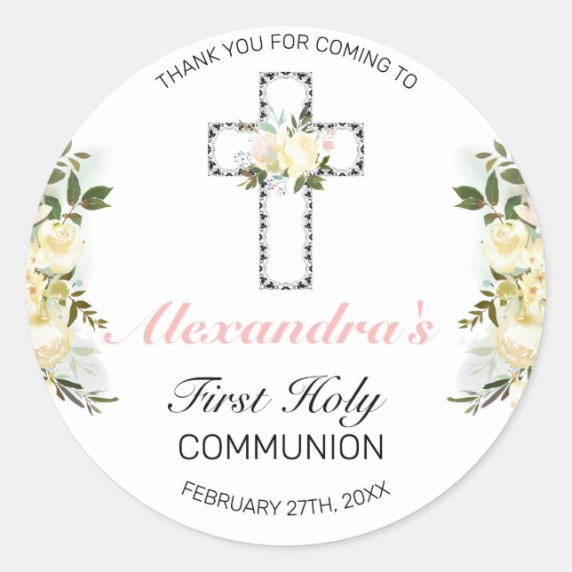 Sticker Rond Élégante Croix d'argent florale Première communion (Devant)