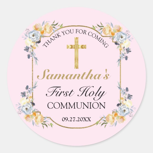 Sticker Rond Elégante Croix d'or rose Floral 1ère Sainte Commun (Devant)