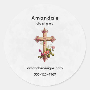 Sticker Rond Elégante Croix en bois avec Fleurs roses Business