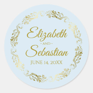 Sticker Rond Elégante dentelle d'or en poudre bleu mariage Favo