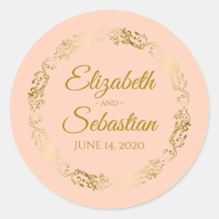 Sticker Rond Elégante dentelle d'or sur Coral Peach Wedding Fav