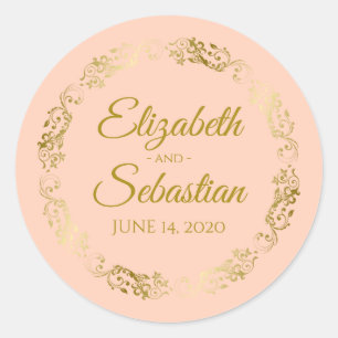Sticker Rond Elégante dentelle d'or sur Coral Peach Wedding Fav