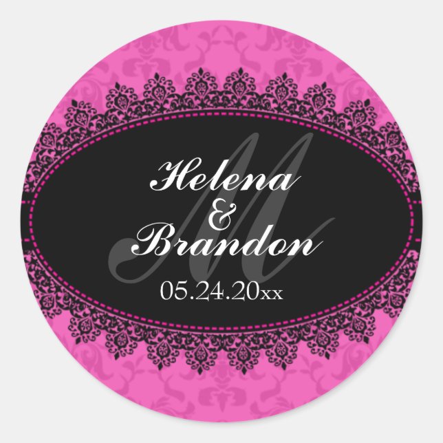 Sticker Rond Elégante dentelle et Damas Monogram Mariage Seals (Devant)