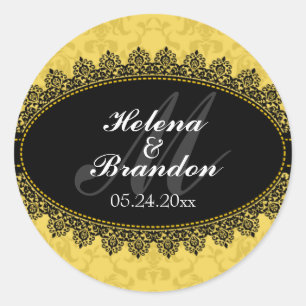 Sticker Rond Elégante dentelle et Damas Monogram Mariage Seals