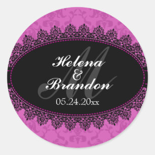 Sticker Rond Elégante dentelle et Damas Monogram Mariage Seals