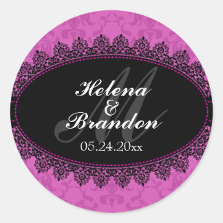 Sticker Rond Elégante dentelle et Damas Monogram Mariage Seals