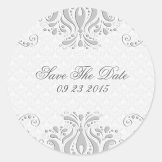 Sticker Rond Elégante dentelle florale gris clair et Damas blan