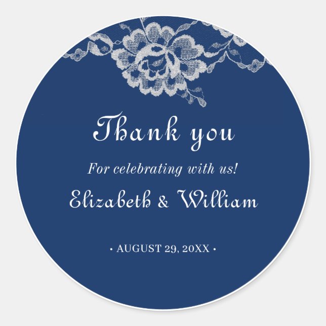 Sticker Rond Elégante dentelle florale sur Mariage bleu marine (Devant)