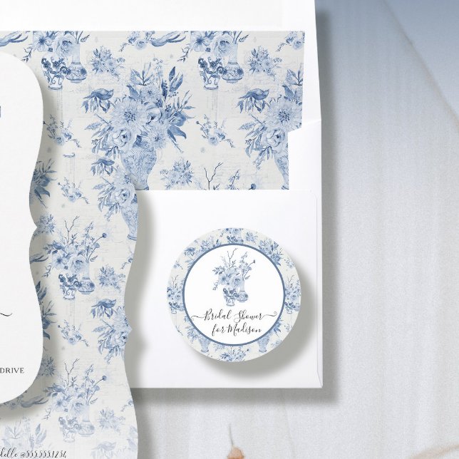Sticker Rond Élégante douche de mariée florale aquarelle bleu b (Créateur téléchargé)