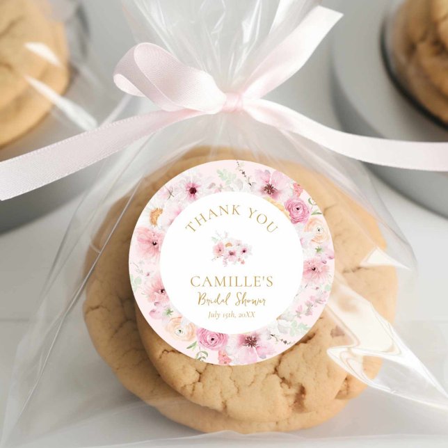 Sticker Rond Élégante douche de mariée florale rose (Cute Watercolor Pink floral Bridal Shower Round sticker)