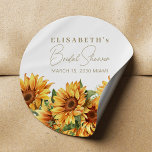 Sticker Rond Elégante douche nuptiale de tournesol floral chic<br><div class="desc">Vibrant jaune tournesol fleuris bouquet bordé de feuillage verdoyant faisant boho chic printemps été jardin d'automne jardin nuptiale autocollants personnalisés avec whimsical élégant moderne script de calligraphie lettré à la main sur un arrière - plan blanc.</div>