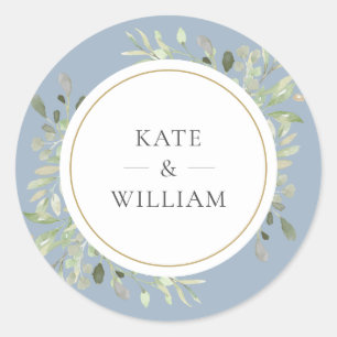 Sticker Rond Elégante Dusty Blue Greenery Mariage Gold Favorise