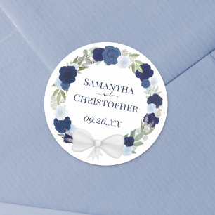 Sticker Rond Elégante Dusty Blue & Navy couronne de Mariage Ros