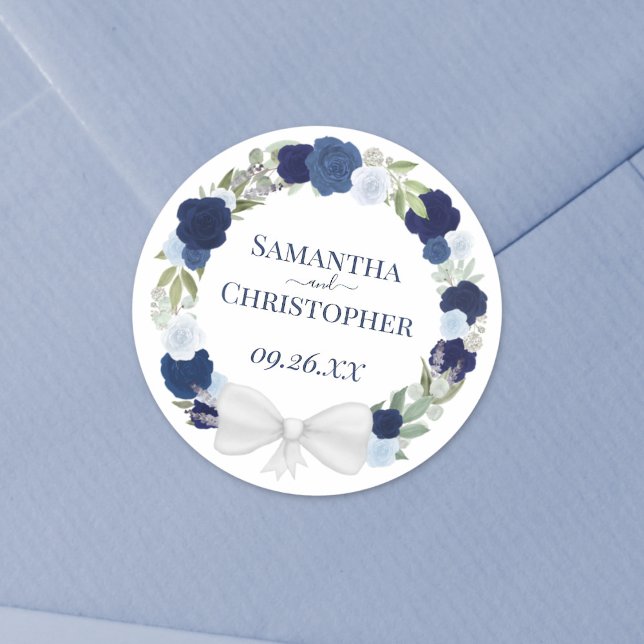 Sticker Rond Elégante Dusty Blue & Navy couronne de Mariage Ros (Créateur téléchargé)