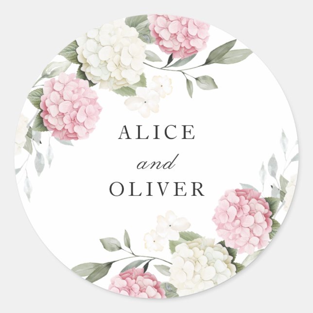 Sticker Rond Élégante Enveloppe Florale Rose Hydrangea Verdure (Devant)