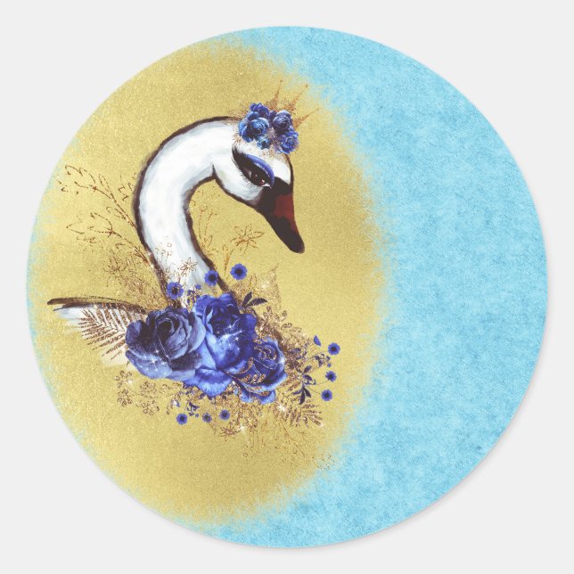 Sticker Rond Elégante et chic Fleurs Bleues Cygne Blanc (Devant)