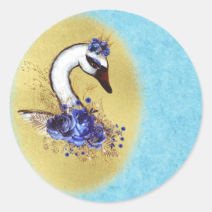 Sticker Rond Elégante et chic Fleurs Bleues Cygne Blanc