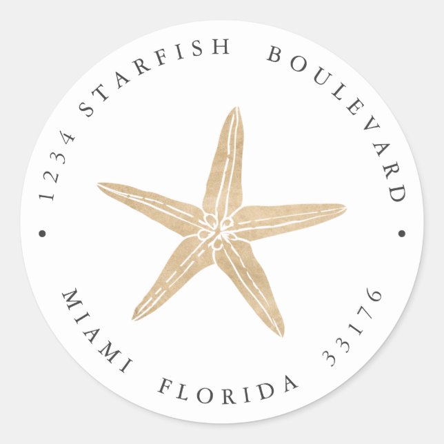 Sticker Rond Elégante FAUX GOLD Starfish côtière Adresse de ret (Devant)