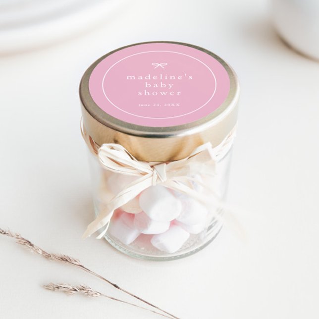 Sticker Rond Élégante Fête de Naissance Simple Rose Fille (Simple bow pink girls baby shower favor and/or envelope stickers.)