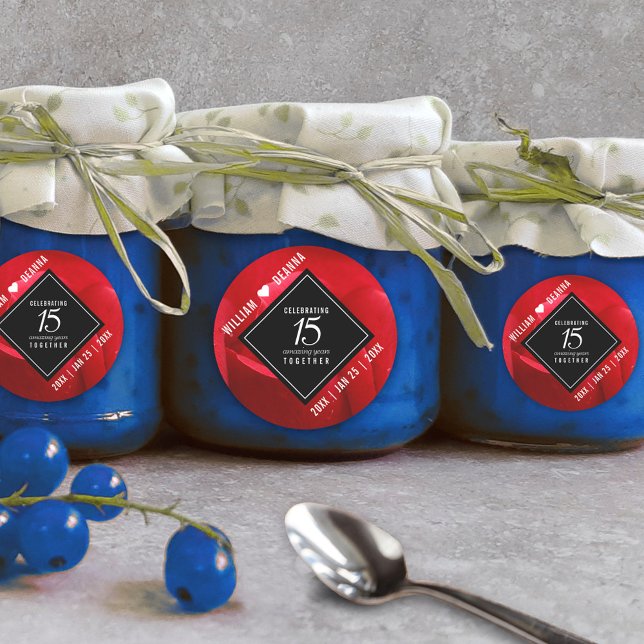 Sticker Rond Élégante fête du 15e anniversaire du Mariage Rose (Elegant 15th Rose Wedding Anniversary Round Sticker Cover Photo.)