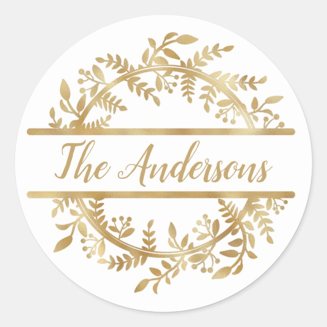Sticker Rond Elégante feuille de vigne couronne Nom de famille  (Devant)