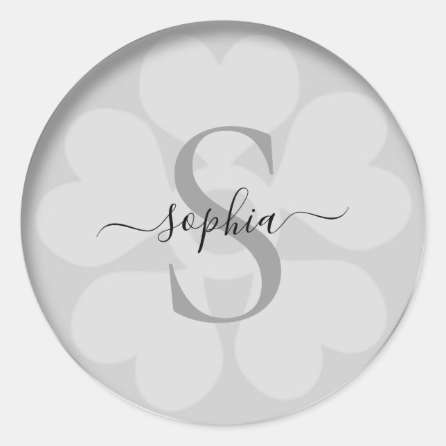 Sticker Rond Élégante fille Floral Silver Grey Monogramme Nom (Devant)