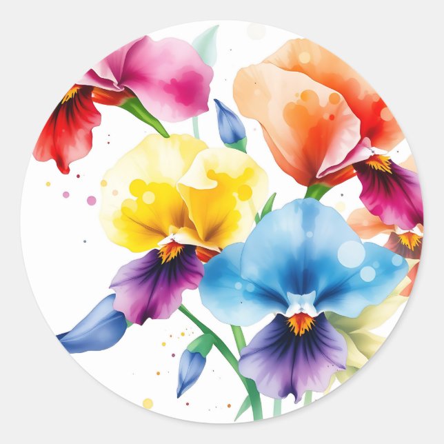Sticker Rond Élégante fleur d'Iris avec éclaboussure d'aquarell (Devant)